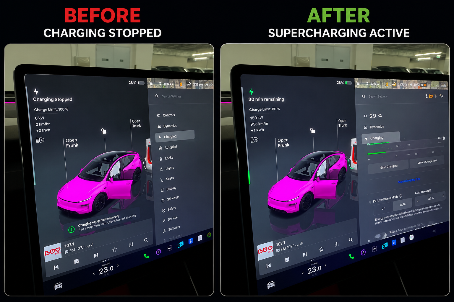 Before and after comparison showing Tesla charging stopped and Supercharging active at 150 kW